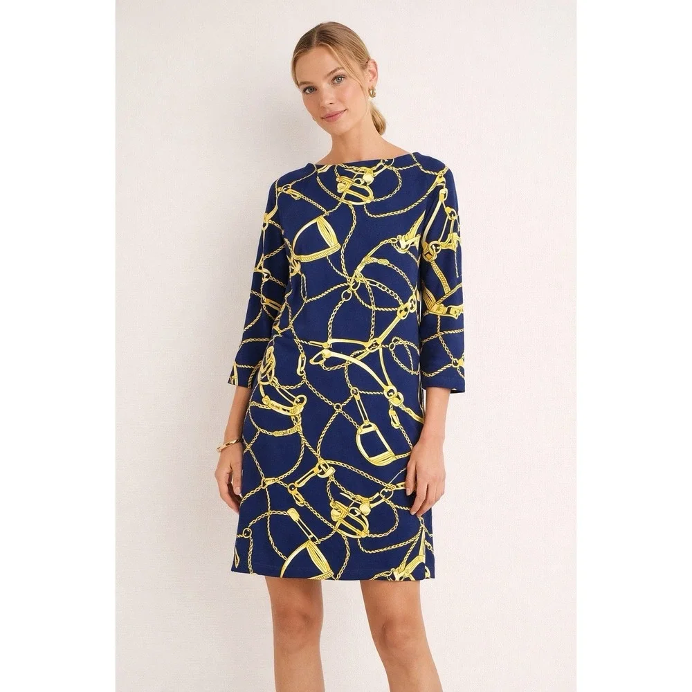 J McLaughlin Dress Women's XS Blue Gold Chain Print Shift Preppy Equestrian Knit